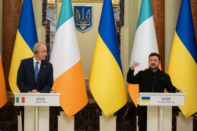 Ukrainian President Zelenskyy meets Irish Prime Minister Martin in Kyiv KYIV, UKRAINE - JULY 23: The taoiseach (Prime minister) of Ireland Micheal Martin (L) and the President of Ukraine Volodymyr Zelenskyy attend a joint press conference in Kyiv, Ukraine, on July 23, 2026. Danylo Antoniuk Anadolu Kyiv Ukraine. Editorial use only. Please get in touch for any other usage.  Copyright: x2026xAnadoluxDanyloxAntoniukx
