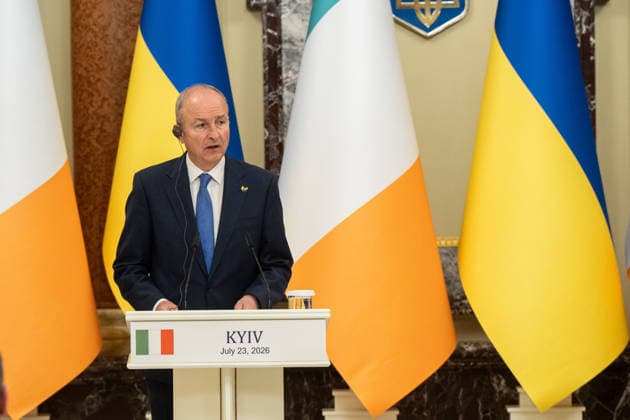 Ukrainian President Zelenskyy meets Irish Prime Minister Martin in Kyiv KYIV, UKRAINE - JULY 23: The taoiseach (Prime minister) of Ireland Micheal Martin and the President of Ukraine Volodymyr Zelenskyy (not seen) attend a joint press conference in Kyiv, Ukraine, on July 23, 2026. Danylo Antoniuk Anadolu Kyiv Ukraine. Editorial use only. Please get in touch for any other usage.  Copyright: x2026xAnadoluxDanyloxAntoniukx