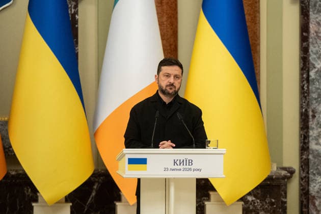 Ukrainian President Zelenskyy meets Irish Prime Minister Martin in Kyiv KYIV, UKRAINE - JULY 23: The taoiseach (Prime minister) of Ireland Micheal Martin (not seen) and the President of Ukraine Volodymyr Zelenskyy attend a joint press conference in Kyiv, Ukraine, on July 23, 2026. Danylo Antoniuk Anadolu Kyiv Ukraine. Editorial use only. Please get in touch for any other usage.  Copyright: x2026xAnadoluxDanyloxAntoniukx