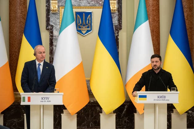 Taoiseach of the Republic of Ireland Micheal Martin and President of Ukraine Volodymyr Zelenskyy (R) hold a joint news conference following their meeting, Kyiv, Ukraine, July 23, 2026. (Photo by Danylo Antoniuk Ukrinform) Ukrainian President meets Irish PM in Kyiv  Copyright: xDanyloxAntoniukx
