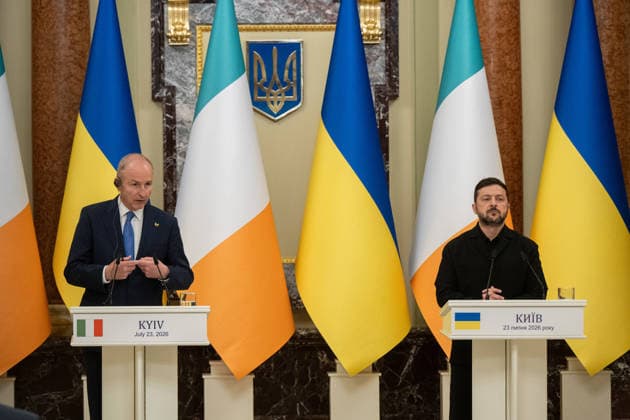 Taoiseach of the Republic of Ireland Micheal Martin and President of Ukraine Volodymyr Zelenskyy (R) hold a joint news conference following their meeting, Kyiv, Ukraine, July 23, 2026. (Photo by Danylo Antoniuk Ukrinform) Ukrainian President meets Irish PM in Kyiv  Copyright: xDanyloxAntoniukx