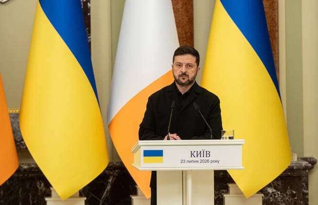 President of Ukraine Volodymyr Zelenskyy attends a news conference with Taoiseach of the Republic of Ireland Micheal Martin after their meeting, Kyiv, Ukraine, July 23, 2026. (Photo by Danylo Antoniuk Ukrinform) Ukrainian President meets Irish PM in Kyiv  Copyright: xDanyloxAntoniukx