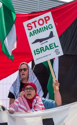 July 23, 2026, Bristol, UK: A national protest calling for a full arms embargo on Israel takes place at the Israeli-owned Elbit Systems production site in Filton. The protest is called by the Palestine Solidarity Campaign, which says that Elbit Systems produces weapons and military technology used by Israel for genocide in the Gaza Strip and military operations in the West Bank. PSC say the British government facilitates the export of weapons and military technology to Israel despite knowing it is to commit genocide. Bristol UK  - ZUMAl94_ 20260723_zaf_l94_014 Copyright: xSimonxChapmanx