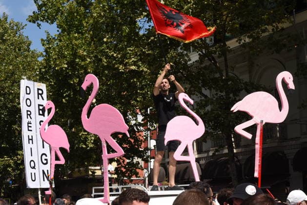 July 23, 2026, Tirana, Albania: The 54th day of protests known as the Flamingo Revolution. .Thousands of people have taken to the streets to demand the resignation of Prime Minister EDIÃ¢â‚¬â ¢ RAMAÃ¢â‚¬â ¢ s government and the cancellation of a luxury project in southern Albania linked to DOÃ¢â‚¬â ¢NALD TRUMPÃ¢â‚¬â ¢ s son-in-law. Tirana Albania - ZUMAs232 20260723_zip_s232_003 Copyright: xErvinxShulkux