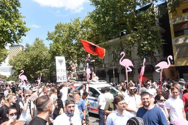 July 23, 2026, Tirana, Albania: The 54th day of protests known as the Flamingo Revolution. .Thousands of people have taken to the streets to demand the resignation of Prime Minister EDIÃ¢â‚¬â ¢ RAMAÃ¢â‚¬â ¢ s government and the cancellation of a luxury project in southern Albania linked to DOÃ¢â‚¬â ¢NALD TRUMPÃ¢â‚¬â ¢ s son-in-law. Tirana Albania  - ZUMAs232 20260723_zip_s232_009 Copyright: xErvinxShulkux