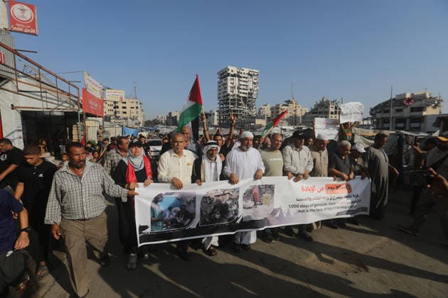 Palestinians march in Gaza City after 1,000 days of war Palestinians take part in a march in Gaza City on July 23, 2026, marking more than 1,000 days since the start of the war and calling for an end to military operations and the lifting of the blockade. Participants also expressed their rejection of forced displacement, according to the event’s organizers. Photo by Belal Osama apaimages Gaza Gaza Strip Palestinian Territory 230726_Gaza_BO_3_00(91) Copyright: xapaimagesxBelalxOsamax xapaimagesx