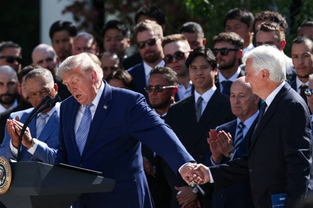 DC: Trump Hosts 2025 MLB World Series Champions LA Dodgers at White House Miguel Rojas and Shohei Ohtani (center) listen as President Donald Trump speaks to Mark Walter during an event with the 2025 MLB World Series Champions the Los Angeles Dodgers in the Rose Garden at the White House on July 23, 2026 in Washington, D.C. The Dodgers defeated the Toronto Blue Jays in Game 7 of the 2025 MLB World Series to claim back-to-back championship titles. (Photo by Samuel Corum Pool ABACAPRESS.COM) Washington DC United States  Copyright: xPool ABACAx