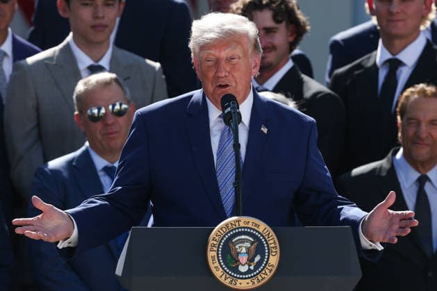 President Donald Trump speaks during an event with the 2025 MLB World Series Champions the Los Angeles Dodgers in the Rose Garden at the White House on Thursday, July 23, 2026 in Washington, DC. The Dodgers have won the last two MLB World Series.  WASP2026072309 SamxCorum
