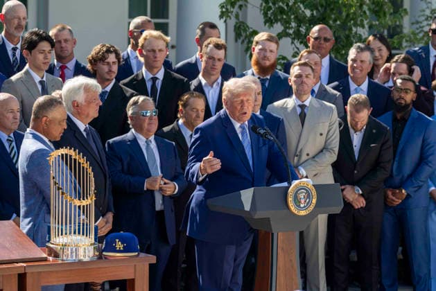 President Donald J. Trump delivers remarks during an event to honor the 2025 World Series Champion Los Angeles Dodgers in the Rose Garden at the White House on Thursday, July 23, 2026 in Washington, DC. The Dodgers have won the last two MLB World Series.  WASP2026072325 SHAWNxTHEW