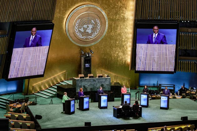July 23, 2026, New York, New York, United States: Candidates for United Nations Secretary-General; (L-R) MICHELLE BACHELET of Chile, MARIA FERNANDA ESPINOSA of Ecuador, RAFAEL MARIANO GROSSI of Argentina, REBECA GRYNSPAN of Costa Rica, CAROLYN RODRIGUES-BIRKETT of Guyana, and MACKY SALL of Senegal at the opening a Bloomberg-hosted town hall featuring all six candidates for the UNÃ¢â‚¬â ¢s top post at United Nations Headquarters. Projected on screen is MACKY SALL of Senegal. Hosted by United Nations General Assembly President ANNALENA BAERBOCK, the event provided candidates with an opportunity to present their vision for the future of the United Nations and respond to questions on global challenges, UN reform, peace and security, sustainable - ZUMAo116 20260723_znp_o116_067 Copyright: xBiancaxOterox