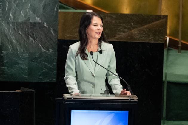July 23, 2026, New York, New York, USA: President of the General Assembly Annalena Baerbock delivers opening remarks before candidates for the position of Secretary-General respond to questions on key challenges for the United Nations in a televised debate organized by the President of the General Assembly Annalena Baerbock and sponsored by Bloomberg at UN Headquarters in New York, NY on July 23, 2026. There were 6 candidates: Michele Bachelet, Maria Fernanda Espinosa, Rafael Mariano Grossi, Rebeca Grynspan, Carolyn Rodriguez Birkett and Macky Sall. New York USA - ZUMAr339 20260723_znp_r339_046 Copyright: xLevxRadinx