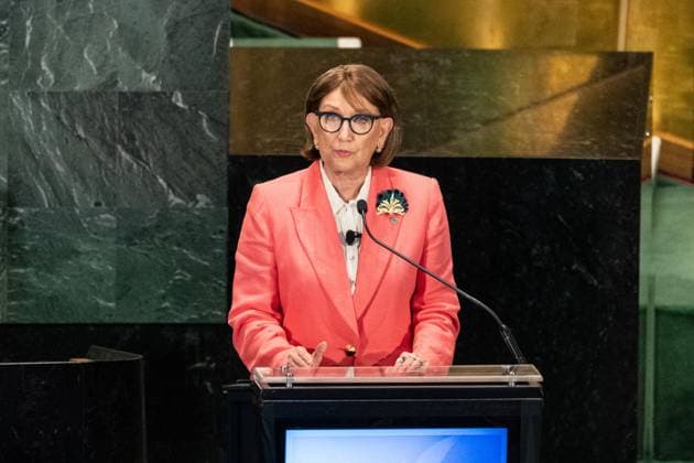 July 23, 2026, New York, New York, USA: Rebeca Grynspan speaks as all candidates for the position of Secretary-General respond to questions on key challenges for the United Nations in a televised debate organized by the President of the General Assembly Annalena Baerbock and sponsored by Bloomberg at UN Headquarters in New York, NY on July 23, 2026. There were 6 candidates: Michele Bachelet, Maria Fernanda Espinosa, Rafael Mariano Grossi, Rebeca Grynspan, Carolyn Rodriguez Birkett and Macky Sall. New York USA - ZUMAr339 20260723_znp_r339_060 Copyright: xLevxRadinx