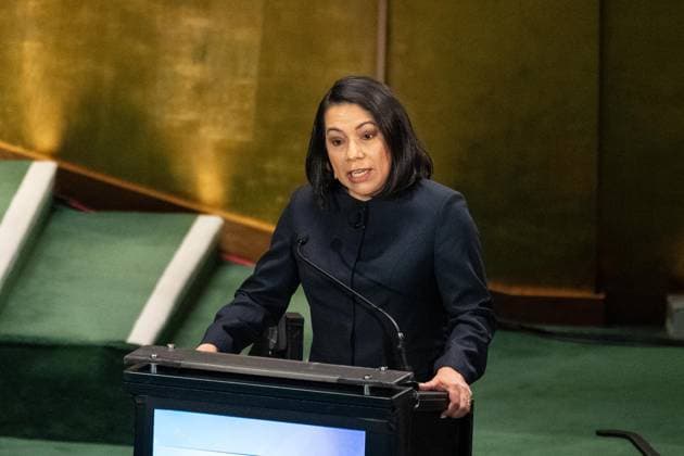 July 23, 2026, New York, New York, USA: Carolyn Rodriguez Birkett speaks as all candidates for the position of Secretary-General respond to questions on key challenges for the United Nations in a televised debate organized by the President of the General Assembly Annalena Baerbock and sponsored by Bloomberg at UN Headquarters in New York, NY on July 23, 2026. There were 6 candidates: Michele Bachelet, Maria Fernanda Espinosa, Rafael Mariano Grossi, Rebeca Grynspan, Carolyn Rodriguez Birkett and Macky Sall. New York USA - ZUMAr339 20260723_znp_r339_063 Copyright: xLevxRadinx
