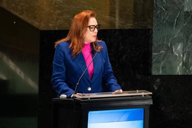 July 23, 2026, New York, New York, USA: Maria Fernanda Espinosa speaks as all candidates for the position of Secretary-General respond to questions on key challenges for the United Nations in a televised debate organized by the President of the General Assembly Annalena Baerbock and sponsored by Bloomberg at UN Headquarters in New York, NY on July 23, 2026. There were 6 candidates: Michele Bachelet, Maria Fernanda Espinosa, Rafael Mariano Grossi, Rebeca Grynspan, Carolyn Rodriguez Birkett and Macky Sall. New York USA - ZUMAr339 20260723_znp_r339_072 Copyright: xLevxRadinx