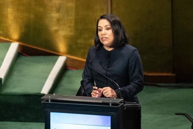 July 23, 2026, New York, New York, USA: Carolyn Rodriguez Birkett speaks as all candidates for the position of Secretary-General respond to questions on key challenges for the United Nations in a televised debate organized by the President of the General Assembly Annalena Baerbock and sponsored by Bloomberg at UN Headquarters in New York, NY on July 23, 2026. There were 6 candidates: Michele Bachelet, Maria Fernanda Espinosa, Rafael Mariano Grossi, Rebeca Grynspan, Carolyn Rodriguez Birkett and Macky Sall. New York USA - ZUMAr339 20260723_znp_r339_075 Copyright: xLevxRadinx