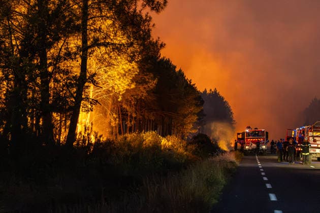 Flames Engulf Pine Forest During Gironde Wildfires - Le Porge Firefighters battle a major wildfire burning through a pine forest in the Gironde department. Fire engines and emergency crews are deployed along the roadside as flames spread through the vegetation during a large-scale firefighting operation near Le Porge, France, on July 23, 2026. Photo by Margot Le Gonidec ABACAPRESS.COM Le Porge France  Copyright: xLexGonidecxMargot ABACAx