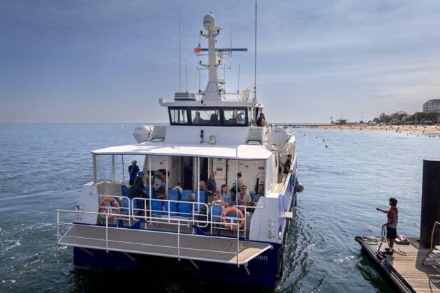 Fire: Evacuees arrive in Arcachon from the Lége-Cap Ferret Peninsula. PHOTOPQR SUD OUEST. Laurent Theillet. Arcachon, July 24, 2026. Fire, evacuees arrive in Arcachon from the Lége-Cap Ferret peninsula Arcachon, July 24, 2026 Arcachon, France, July 24, 2026 Fire at Cap Ferret—boat evacuations underway. Ferry services have been set up at four piers, and all residents and vacationers have been asked to evacuate as the flames advance. Arcachon, GIRONDE, France  Copyright: xPHOTOPQR SUDxOUEST MAXPPPxLaurentxTheilletx 20260724SDO8020 20260724SDO8036