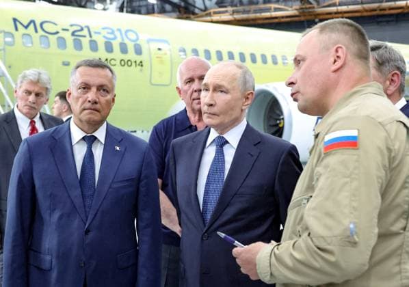 Russia Putin Siberian Federal District 9211137 24.07.2026 Russian President Vladimir Putin, accompanied by Irkutsk Region Governor Igor Kobzev, visits the Irkutsk Aviation Plant, a branch of Yakovlev, part of the United Aircraft Corporation (UAC) under Rostec, in Irkutsk, Russia. Evgeny Messman Sputnik Irkutsk Russia  Copyright: xEvgenyxMessmanx
