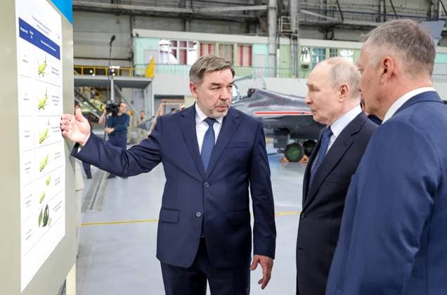 Russia Putin Siberian Federal District 9211139 24.07.2026 Russian President Vladimir Putin, accompanied by plant director Andrey Soinov and Irkutsk Region Governor Igor Kobzev, visits the Irkutsk Aviation Plant, a branch of Yakovlev, part of the United Aircraft Corporation (UAC) under Rostec, in Irkutsk, Russia. Evgeny Messman Sputnik Irkutsk Russia  Copyright: xEvgenyxMessmanx