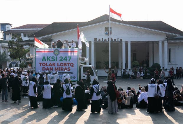 Anti-LGBT Demonstration In Indonesia A group of Muslim protesters hold with poster against the lesbian, gay, bisexual and transgender (LGBT) community in Bogor, West Java, Indonesia, on July 24, 2026. They rejected the existence of the LGBTQ community and urged the Bogor City Government to immediately enforce the Bogor City Regional Regulation on the Prevention and Handling of Deviant Sexual Behavior. 