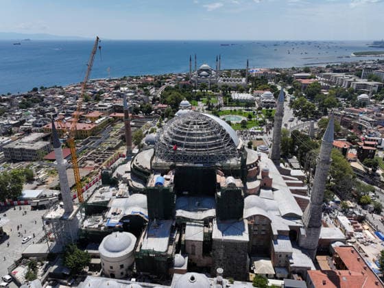 Hagia Sophia Grand Mosque enters new restoration phase ISTANBUL, TURKIYE - JULY 24: An aerial view of the Hagia Sophia Grand Mosque, as it enters a new phase in the most comprehensive conservation, restoration, and reinforcement efforts in the history of the Turkish Republic, in Istanbul, Turkiye on July 24, 2026. Work has begun to cover the temporary steel roof, erected to ensure that restoration of the main dome can proceed under safe conditions, with a protective tarp. Adem Kutucu Anadolu Istanbul Turkey. Editorial use only. Please get in touch for any other usage.  Copyright: x2026xAnadoluxAdemxKutucux