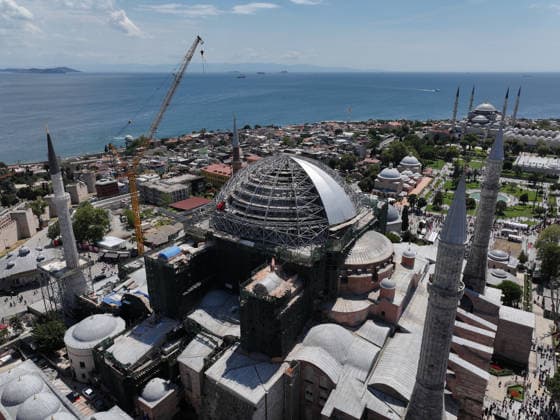 Hagia Sophia Grand Mosque enters new restoration phase ISTANBUL, TURKIYE - JULY 24: An aerial view of the Hagia Sophia Grand Mosque, as it enters a new phase in the most comprehensive conservation, restoration, and reinforcement efforts in the history of the Turkish Republic, in Istanbul, Turkiye on July 24, 2026. Work has begun to cover the temporary steel roof, erected to ensure that restoration of the main dome can proceed under safe conditions, with a protective tarp. Adem Kutucu Anadolu Istanbul Turkey. Editorial use only. Please get in touch for any other usage.  Copyright: x2026xAnadoluxAdemxKutucux