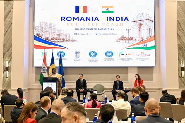 RECORD DATE NOT STATED India Romania Business Forum at Bucharest in Romania Bucharest Romania , Jul 24 (ANI): President Droupadi Murmu speaks at the India Romania Business Forum, in Bucharest on Friday. Romanian President NicuÈ™or Dan also present. (@MEAIndia X ANI Photo) Bucharest Romania Copyright: xANIx ANI_20260724302