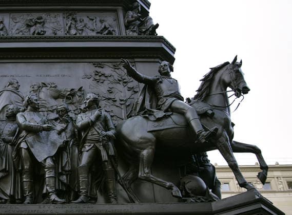 Hans Karl von Winterfeldt and Frederick II Eugene. From left to right: Hans Karl von Winterfeldt (1707-1757), Prussian General; and Frederick II Eugene (Friedrich Eugen) (1732-1797), Duke of Wurttemberg. Behind both, Prussian General Friedrich Bogislav von Tauentzien (1710-1791). On the left, on horseback, Friedrich Wilhelm von Seydlitz (1721-1773), Prussian cavalry general. Figures from the monument to Frederick the Great, erected on Unter den Linden Avenue, Berlin, Germany. Made in bronze between 1839 and 1851 by German sculptor Christian Daniel Rauch (1777-1857). Copyright: 953_11_353-45776