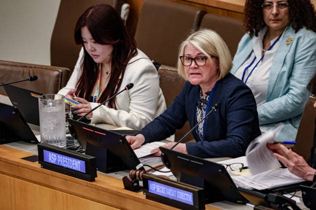 July 24, 2026, New York, New York, United States: PAIVI KAUKORANTA, President of the Assembly of States Parties to the Rome Statute, strikes the gavel to open the public plenary of the special session of the Assembly of States Parties on disciplinary proceedings involving ICC Prosecutor KARIM KHAN at United Nations Headquarters in New York on July 24, 2026. The Assembly of States Parties, the ICCÃ¢â‚¬â ¢s governing body, convened the special session in accordance with the Rome Statute and the CourtÃ¢â‚¬â ¢s established procedures. New York United States - ZUMAo116 20260724_znp_o116_003 Copyright: xBiancaxOterox