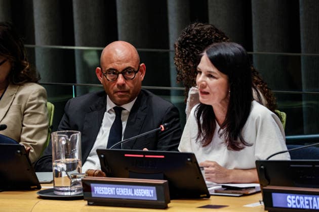 July 24, 2026, New York, New York, United States: President of the General Assembly ANNALENA BAERBOCK (R) and UNFCCC Executive Secretary SIMON STIELL (L) sit on the panel of the United Nations General Assembly informal interactive dialogue on Accelerating the Global Energy Transition: Advancing Renewables, Energy Efficiency and International Cooperation. The dialogue brought together Member States and stakeholders to review progress in the global energy transition, promote renewable energy and energy efficiency, and strengthen international cooperation in support of sustainable development and global climate goals. New York United States - ZUMAo116 20260724_znp_o116_015 Copyright: xBiancaxOterox