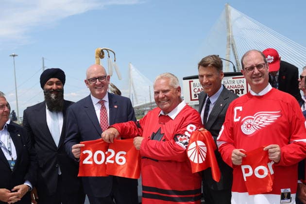 July 24, 2026, Windsor, On, CANADA: Ontario Minister of Transportation Prabmeet Singh Sarkaria (left), Windsor Mayor Drew Dilkens, Ontario Premier Doug Ford, federal Infrastructure Minister Gregor Robertson and Canadian Ambassador to the United States Mark Wiseman (right) pose for a photo following a ceremony to open the Gordie Howe International Bridge in Windsor, Ont., on Friday, July 24, 2026. Windsor CANADA  - ZUMAc35_ 20260724_zaf_c35_043 Copyright: xDaxxMelmerx