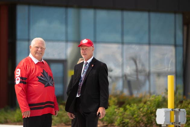 July 24, 2026, Windsor, On, CANADA: Ontario Premier Doug Ford, left, and Mark Howe, son of the late Gordie Howe, speak during a ribbon cutting ceremony for the opening of the Gordie Howe International Bridge, in Windsor, Ont., Friday, July 24, 2026. Windsor CANADA  - ZUMAc35_ 20260724_zaf_c35_079 Copyright: xDaxxMelmerx