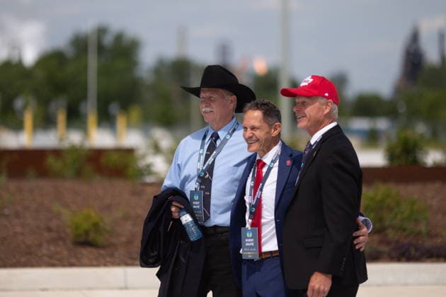July 24, 2026, Windsor, On, CANADA: The Howe brothers, from left, Marty Howe, Dr. Murray Howe and Mark Howe, pose for a photo at the ribbon cutting ceremony for the opening of the Gordie Howe International Bridge, in Windsor, Ont., Friday, July 24, 2026. Windsor CANADA  - ZUMAc35_ 20260724_zaf_c35_082 Copyright: xDaxxMelmerx
