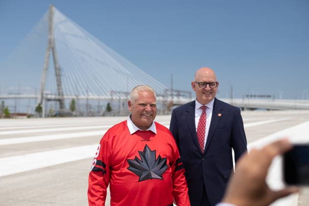 July 24, 2026, Windsor, On, CANADA: Ontario Premier Doug Ford, left, poses for a photo with WIndsor mayor Drew Dilkens during a ribbon cutting ceremony for the opening of the Gordie Howe International Bridge, in Windsor, Ont., Friday, July 24, 2026. Windsor CANADA  - ZUMAc35_ 20260724_zaf_c35_092 Copyright: xDaxxMelmerx