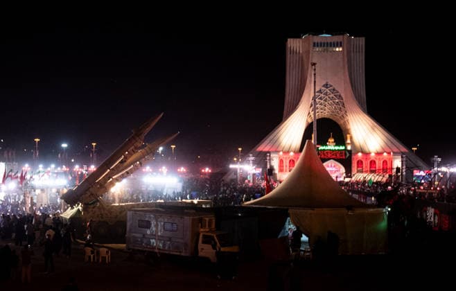 Iranian Zulfiqar road-mobile, ballistic missiles are displayed during a pro-government demonstration in Tehran, Iran, on Friday, July 24, 2026. U.S. and Iran traded attacks for the 13th night in a row with few signs of either side returning to negociations.  IRN2026072401 BehnamxTofighi