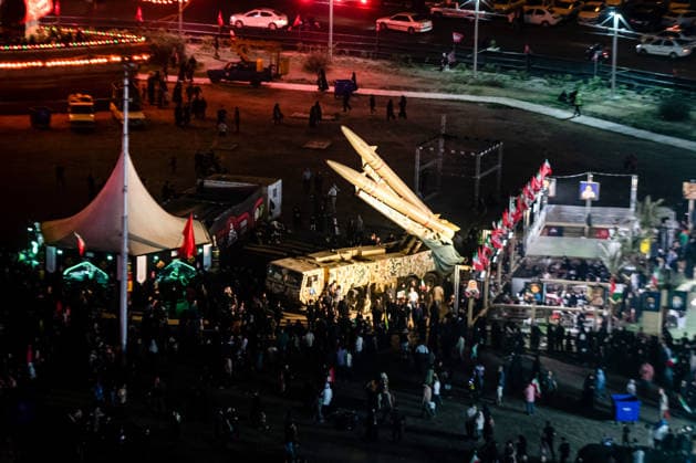 Iranian Zulfiqar road-mobile, ballistic missiles are displayed during a pro-government demonstration in Tehran, Iran, on Friday, July 24, 2026. U.S. and Iran traded attacks for the 13th night in a row with few signs of either side returning to negociations.  IRN2026072404 BehnamxTofighi