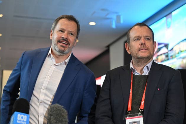 ALP NATIONAL CONFERENCE, Labor member for Chifley Ed Husic and Labor Member of the NSW Legislative Council Stephen Lawrence at a press conference during the 50th Australian Labor Party (ALP) national convention at the Adelaide Convention Centre, in Adelaide, Saturday, July 25, 2026. ( ADELAIDE SOUTH AUSTRALIA AUSTRALIA  Copyright: xMICKxTSIKASx 20260725162187587780