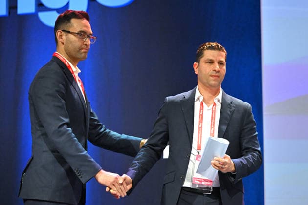 ALP NATIONAL CONFERENCE, Labor member for Macnamara Josh Burns and Labor member for Calwell Basem Abdo during the 50th Australian Labor Party (ALP) national convention at the Adelaide Convention Centre, in Adelaide, Saturday, July 25, 2026. ( ADELAIDE SOUTH AUSTRALIA AUSTRALIA  Copyright: xMICKxTSIKASx 20260725140214061170