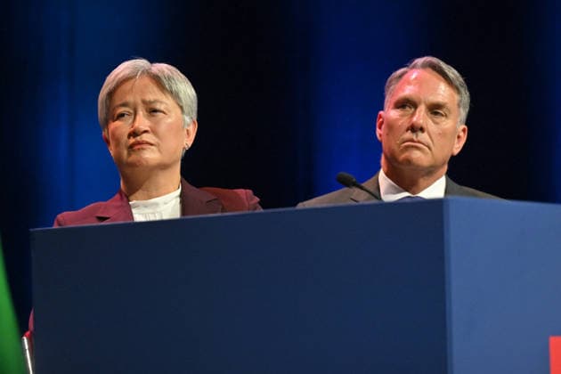 ALP NATIONAL CONFERENCE, Minister for Foreign Affairs Penny Wong and Deputy Prime Minister Richard Marles during the 50th Australian Labor Party (ALP) national convention at the Adelaide Convention Centre, in Adelaide, Saturday, July 25, 2026. ( ADELAIDE SOUTH AUSTRALIA AUSTRALIA  Copyright: xMICKxTSIKASx 20260725141702670334