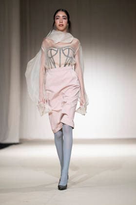 ROMANIAN DESIGNERS - MOMAD Fashion Week de Madrid ,Spain - 24 Jul 2026 A model walks the runway wearing a design by Romanian designers during Momad Fashion Week de Madrid in IFEMA Madrid Spain Copyright: xAtilanoxGarciax xSOPAxImagesx photo03128
