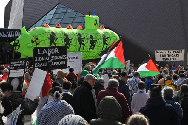 ALP NATIONAL CONFERENCE, Anti AUKUS, anti-nuclear and pro-Palestine protesters are seen outside during the 50th Australian Labor Party (ALP) national convention at the Adelaide Convention Centre, in Adelaide, Saturday, July 25, 2026. ( ADELAIDE SOUTH AUSTRALIA AUSTRALIA  Copyright: xMICKxTSIKASx 20260725127298325154