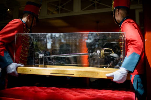 July 24, 2026, Bogota, Bogota D.C, Colombia: Members of the presidential guard stand by Simon Bolivar s sword during the return to the Quinta de Bolivar Museum in Bogota, Colombia on July 24, 2026. Bogota Colombia - ZUMAvp1_ 20260724_zia_vp1_008 Copyright: xSebastianxBarrosx