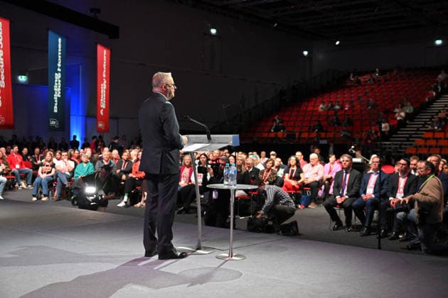 ALP NATIONAL CONFERENCE, Prime Minister Anthony Albanese makes his closing remarks for the 50th Australian Labor Party (ALP) national convention at the Adelaide Convention Centre, in Adelaide, Saturday, July 25, 2026. ( ADELAIDE SOUTH AUSTRALIA AUSTRALIA  Copyright: xMICKxTSIKASx 20260725123391390287
