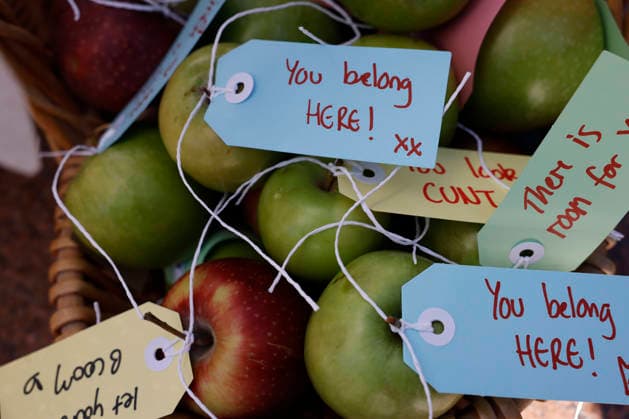 SING-IN PROTEST, A basket of apples with protest messages are given out at a ˜Sing-In™ protest in solidarity with Divine Playhouse at Hyde Park in Sydney, Saturday, July 25, 2026. The Trans Theatre Group was evicted from its rental property in Kent Street after its landlord Revelop terminated the venue s lease claiming offensive trade - a legal term deriving from an 1842 NSW law implemented to regulate foul smells and industrial waste - and never once in 184 years has a court been asked to consider if it extends to moral offensiveness. ( NO ARCHIVING SYDNEY NEW SOUTH WALES AUSTRALIA  Copyright: xJESSICAxHROMASx 20260725170767852438