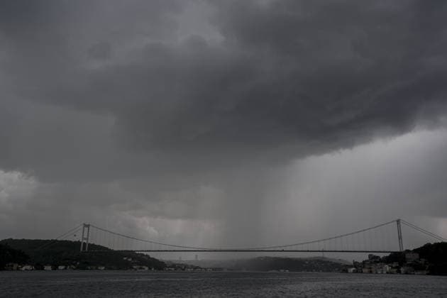 Heavy summer rainfall affects parts of Istanbul ISTANBUL, TURKIYE – JULY 25: Dark storm clouds gather over the Bosphorus as heavy rain falls in Istanbul, Turkiye, on July 25, 2026. Arife Karakum Anadolu Istanbul Turkey. Editorial use only. Please get in touch for any other usage.  Copyright: x2026xAnadoluxArifexKarakumx
