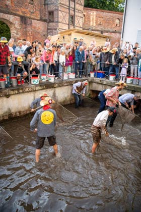 Ein Blick auf das traditionelle Bachausfischen während des Fischertags in Memmingen. Zahlreiche Fischer in teils historischer Kleidung waten durch den Stadtbach, um Fische zu fangen. Dicht gedrängt stehen Zuschauer am Ufer und verfolgen das Spektakel, das jährlich tausende Besucher anzieht. Im Hintergrund sind die historischen Mauern der Stadt zu sehen. Der Memminger Fischertag ist eines der ältesten und bekanntesten Volksfeste in Bayern. Memmingen Bayern Deutschland *** A look at the traditional stream fishing during Fishermen’s Day in Memmingen. Numerous fishermen, some in historical attire, wade through the town stream to catch fish. Spectators stand crowded together on the bank, watching the spectacle, which attracts thousands of