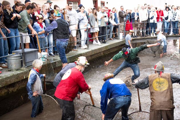 Ein Blick auf das traditionelle Bachausfischen während des Fischertags in Memmingen. Zahlreiche Fischer in teils historischer Kleidung waten durch den Stadtbach, um Fische zu fangen. Dicht gedrängt stehen Zuschauer am Ufer und verfolgen das Spektakel, das jährlich tausende Besucher anzieht. Im Hintergrund sind die historischen Mauern der Stadt zu sehen. Der Memminger Fischertag ist eines der ältesten und bekanntesten Volksfeste in Bayern. Memmingen Bayern Deutschland *** A look at the traditional stream fishing during Fishermen’s Day in Memmingen. Numerous fishermen, some in historical attire, wade through the town stream to catch fish. Spectators stand crowded together on the bank, watching the spectacle, which attracts thousands of
