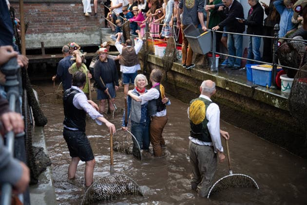 Ein Blick auf das traditionelle Bachausfischen während des Fischertags in Memmingen. Zahlreiche Fischer in teils historischer Kleidung waten durch den Stadtbach, um Fische zu fangen. Dicht gedrängt stehen Zuschauer am Ufer und verfolgen das Spektakel, das jährlich tausende Besucher anzieht. Der Memminger Fischertag ist eines der ältesten und bekanntesten Volksfeste in Bayern. Memmingen Bayern Deutschland *** A look at the traditional stream fishing during Memmingen’s Fishermen’s Day. Numerous fishermen, some in historical attire, wade through the town stream, to catch fish. Spectators stand packed tightly along the bank, watching the spectacle, which attracts thousands of visitors every year. Memmingen Fishermen’s Day is one of the o
