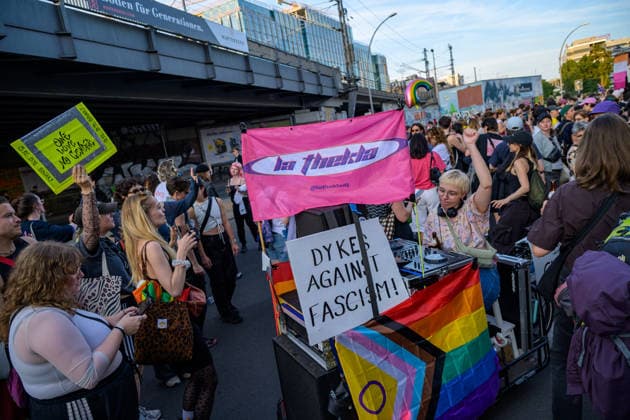 July 24, 2026, Berlin, Berlin, Germany: A mobile DJ set held along the march at Dyke* March 2026, on July 24 2026, in Berlin, Germany. Thousands of demonstrators marched in the streets of Berlin s City Center and Kreuzberg districts for the annual Dyke* March just a day before the annual CSD parade and Internationalist Queer Pride Berlin Germany - ZUMAk201 20260724_zip_k201_013 Copyright: xNikosxKanistrasx
