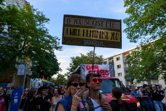 July 24, 2026, Berlin, Berlin, Germany: Demonstrators march along with an anti-sexism placard, at Dyke* March 2026, on July 24 2026, in Berlin, Germany. Thousands of demonstrators marched in the streets of Berlin s City Center and Kreuzberg districts for the annual Dyke* March just a day before the annual CSD parade and Internationalist Queer Pride Berlin Germany - ZUMAk201 20260724_zip_k201_018 Copyright: xNikosxKanistrasx